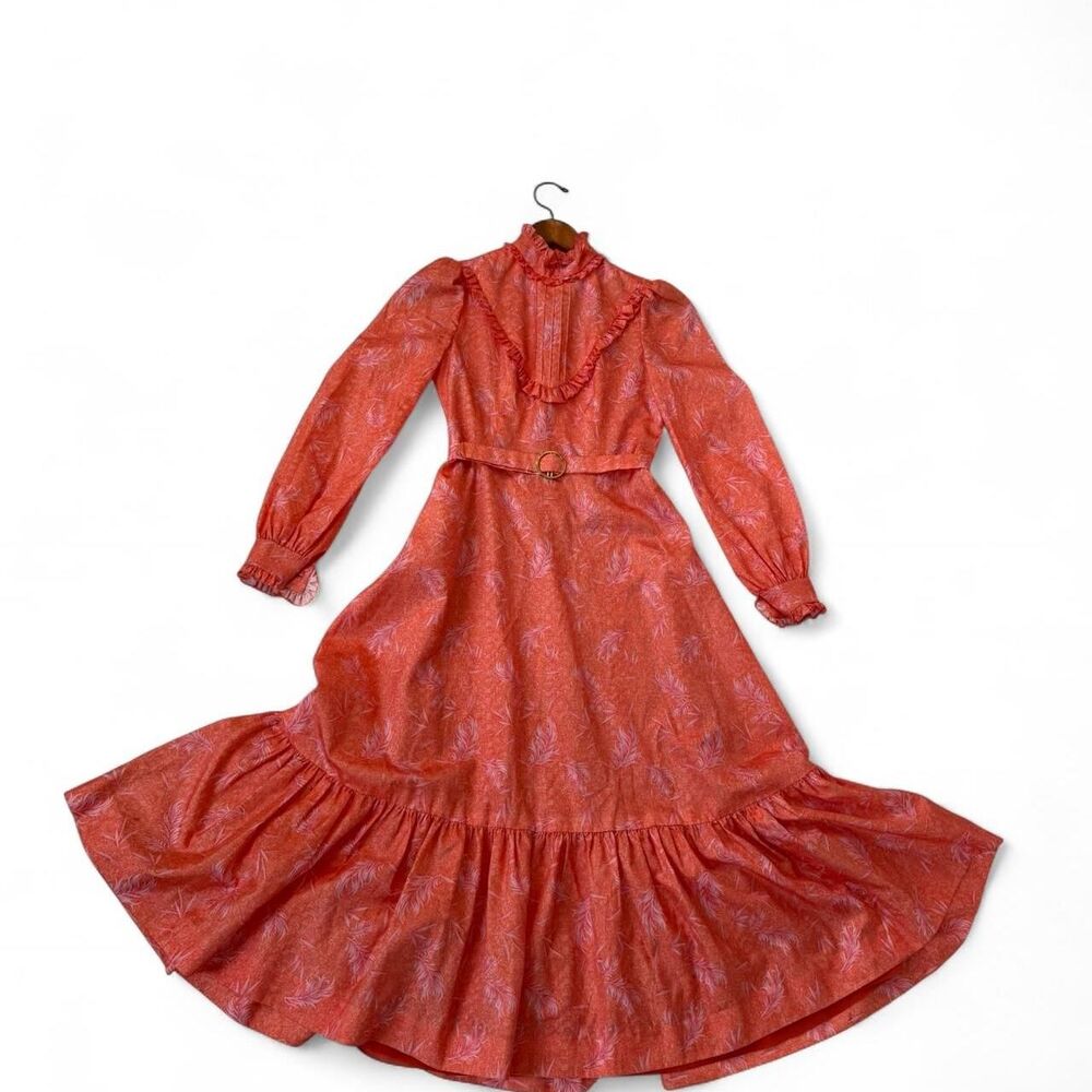 Vintage Women's Coral/Orange/Pink Ruffled Dress with Belt